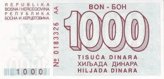 Bosnia and Herzegovina 1,000 Dinara, 1992 P-26 reverse